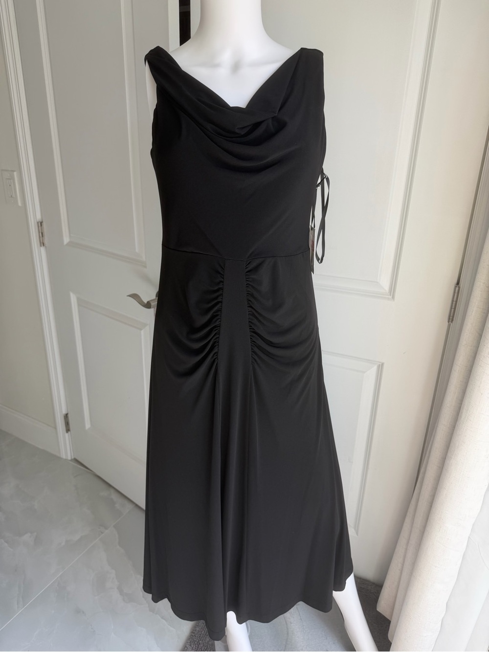 Kensie Black Cowl Neck Ruched Midi Dress